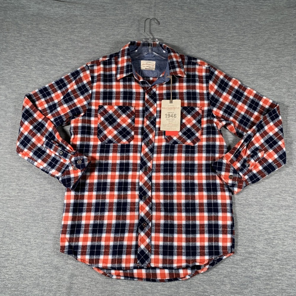 Weatherproof Shirt Boys 14-16 Orange Navy Plaid Flannel Long Sleeve Button Front